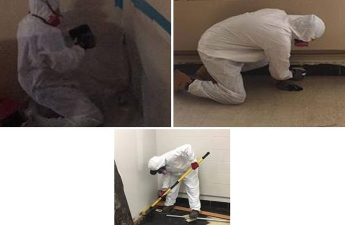 3 photos of biohazard technicians cleaning a crime scene