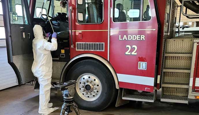 disinfecting a fire truck