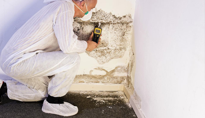 man using a device to measure mold on a wall